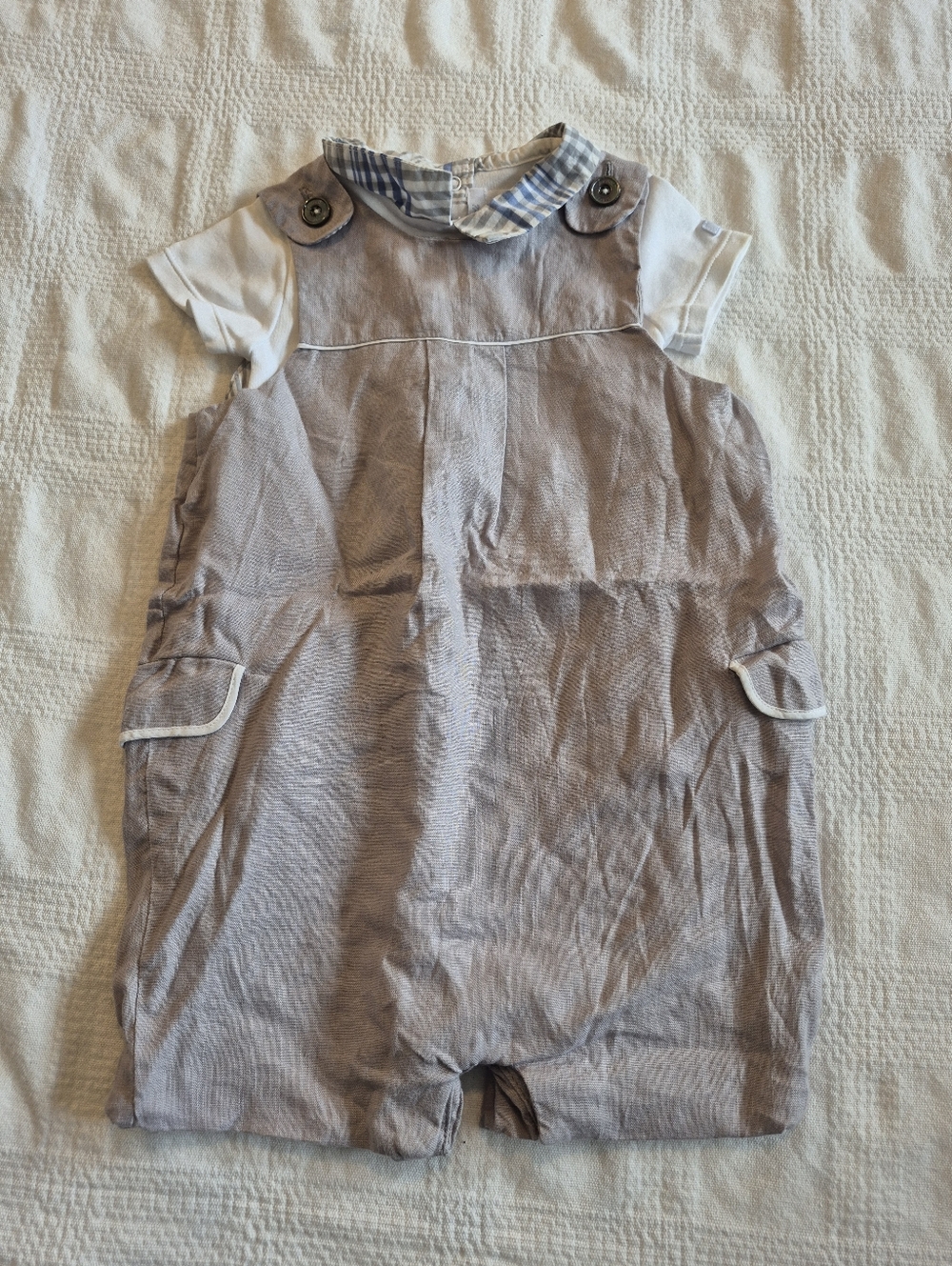 Jacadi boys 12 months romper & bodysuit matching set white, blue & gray EUC